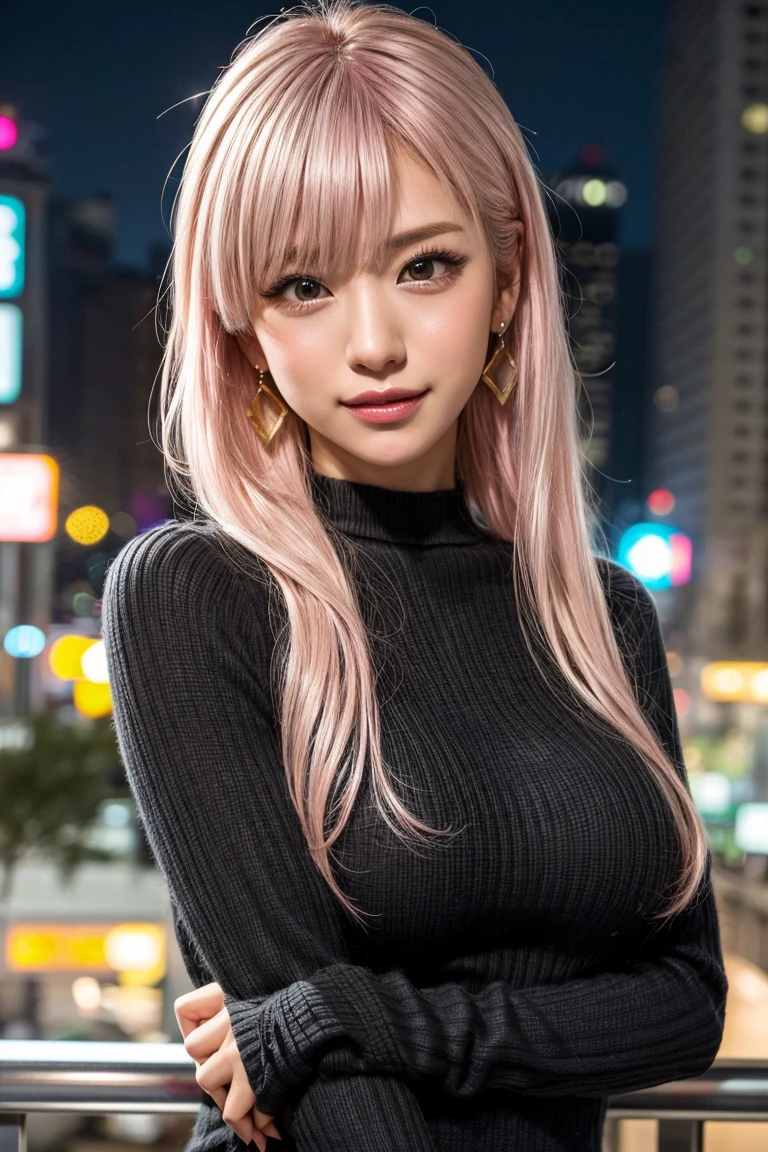 Highest quality, Tabletop, Ultra-high resolution, (Realistic:1.4), (Japanese Idols),RAW Photos, One Girl, night,Detailed skin,Blurred cityscape of South Korea,,Blonde, (Pink inner hair:1.3),Glossy Lips,smile,(Model pose:1.2),21 years old,Beautiful and beautiful eyes,Diamond jewellery,Earrings,Gold Jewelry,Cold Light,Tight black knitwear,,(Strengthened upper arms:1.2),A well-trained body,fairy hair