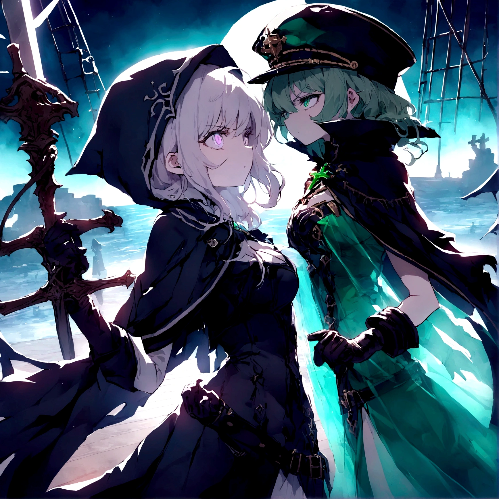 High quality large images,Second dimension,In the dark bay,A girl in a black cloak is standing face to face with a tall green translucent ghost captain on the deck..,Our perspective is third person..,You can clearly see two people facing each other.。The dead girl's hair is white,Eyes are purple,With an angry expression on his face, He looked at the captain,Girl wearing ragged black hooded cape,Wearing leather gloves,The girl holds a cross-shaped sword inlaid with purple gems,The tip of the sword is pointed at the translucent green ghost captain in front of him.,Ghost Captain holding a sword,Dressed as captain'Captain and hat,Staring at the girl in front of me
