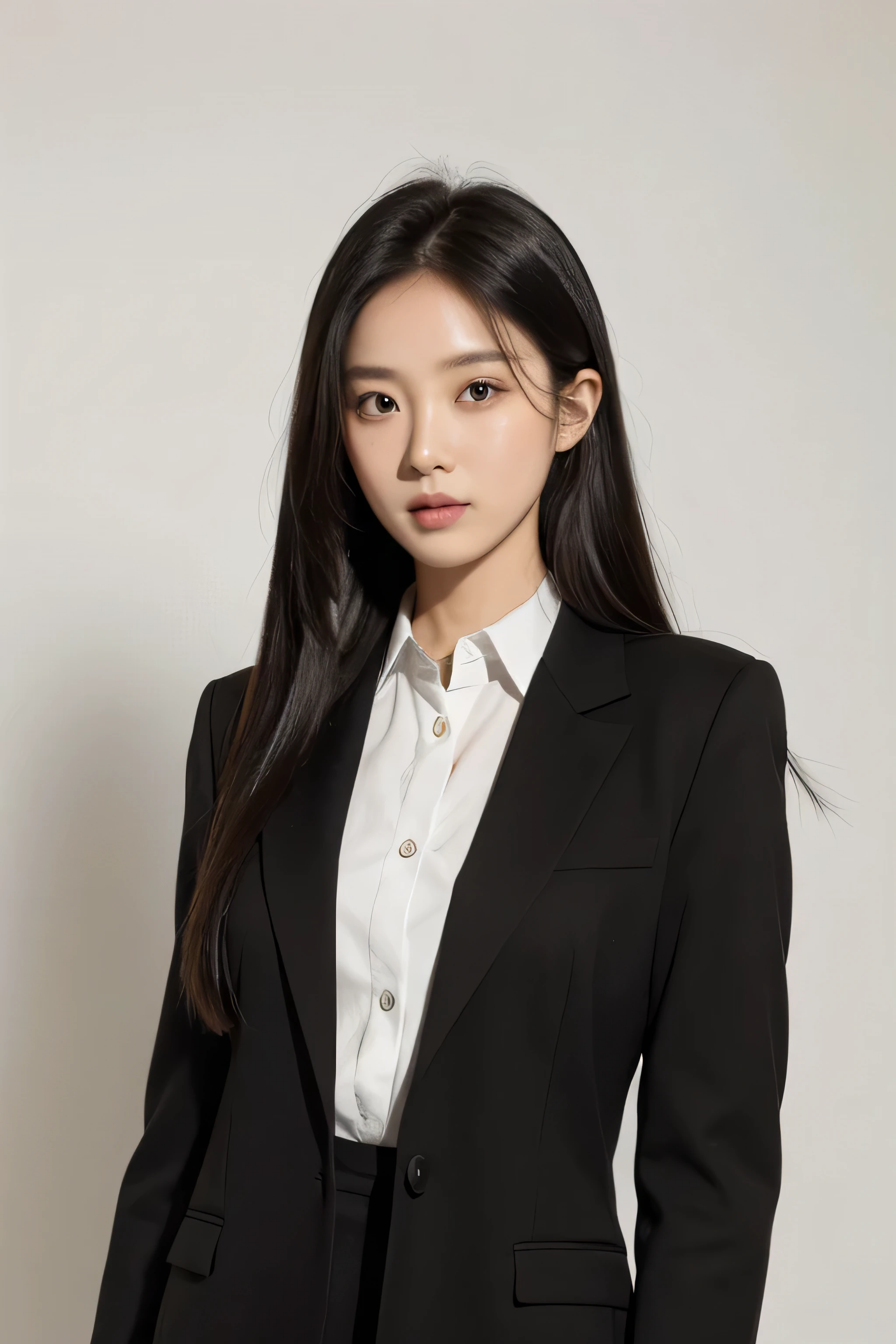 woman in a black blazer, white background, looking camera, looking front, neutral expression, ID Photo, long straight hair