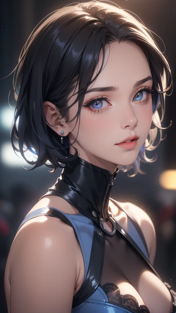 a beautiful young girl with short blue hair, a light smile, brown eyes, hair clips, lips, stud earrings, semi-rimless eyewear, wearing a glossy blue bodysuit, with a large buttocks and large breasts, (best quality,4k,8k,highres,masterpiece:1.2),ultra-detailed,(realistic,photorealistic,photo-realistic:1.37),highly detailed face, extremely detailed eyes and face, long eyelashes, beautiful detailed eyes, beautiful detailed lips, concept art, cinematic lighting, vibrant colors, hyper-realistic