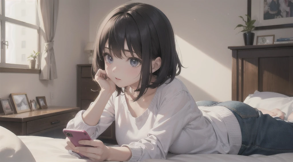 Highest quality(8k)masterpiece、Looking at mobile phone in bed、One girl、Very cute、Best Style、Hairstyle(Bob)The room is a high school girl's room、dim、There are no curtains、Large windows Night view、