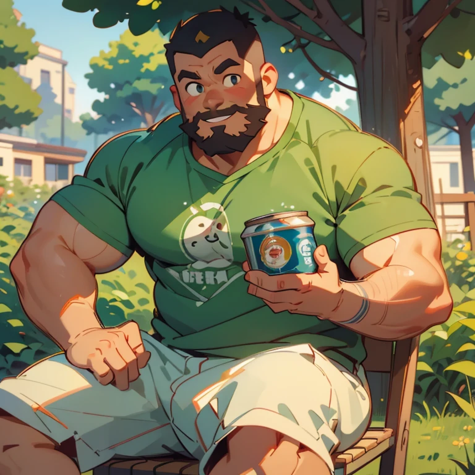 A thick man is 45yo, 1man, bulky, nerdy, Drinking a canned beer at the camping chair,  Wearing a green round neck t-shirt, small eyes, (look away : 1.2), Round face, short beard, crew cut hair, happy expression,  campsite, masterpiece, diagonal view, knee shot,(line drawing:1.2),