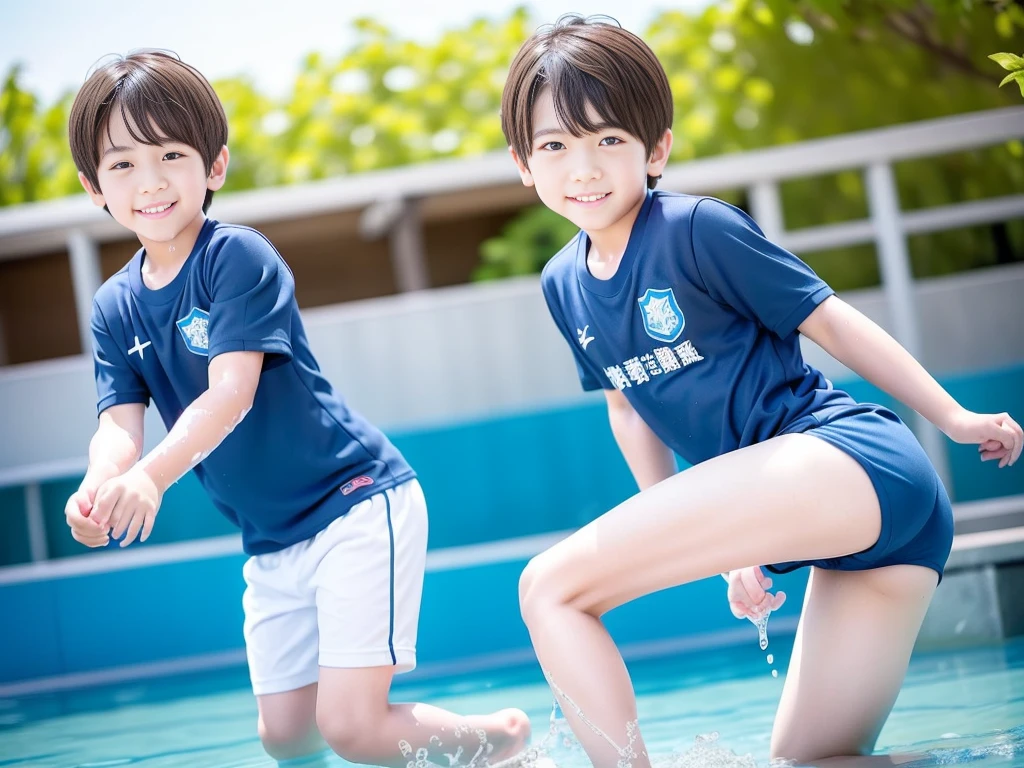 夏休みのprimary school校、Pool、primary school5Grade、Japan Boy、Glowing water splashes、A good boy dripping with water、hot day、Two Boys、Various poses、Short sleeve gym uniform、Blue shorts、physical education、barefoot,(Boy 1.4)、Boys only 、(10Age 1.4)