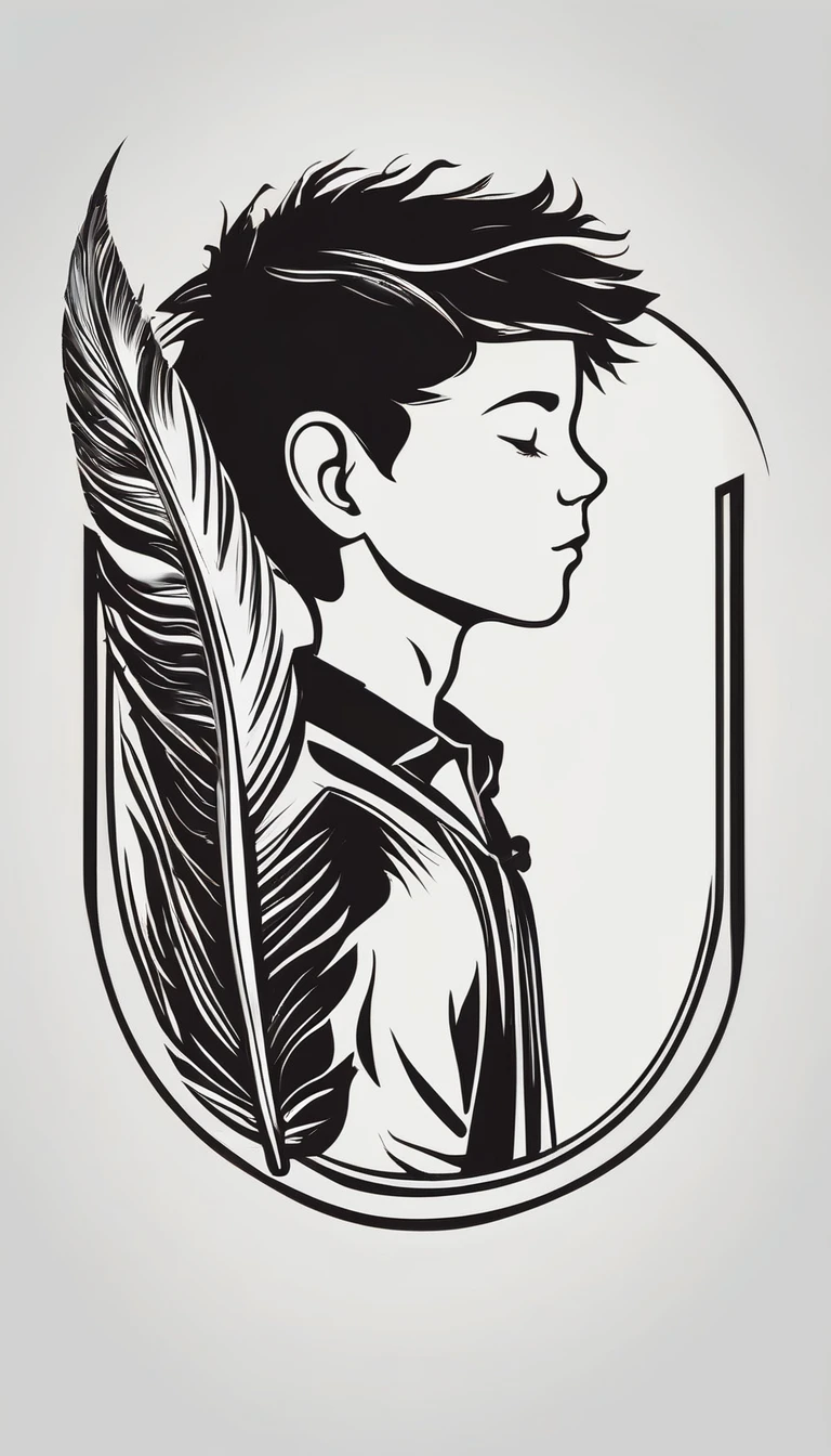 A minimalist, fantastic, poetic, dreamy, captivating, memorable, masterpiece, modern, simple logo design of a boy and a feather for the brand “Penamemoria". The logo must convey a sense of music, stories and dreams. Minimalistic logo design of a boy and a feather.