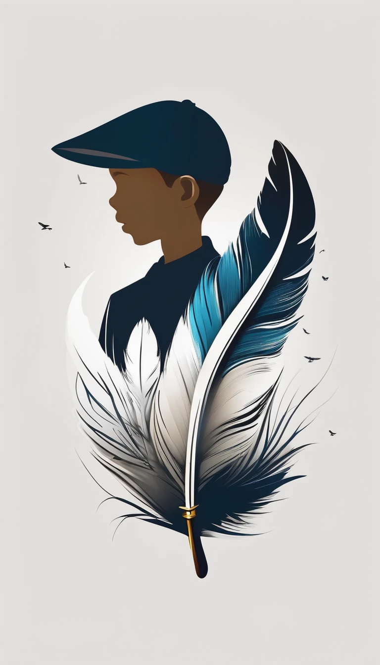 A minimalist, fantastic, poetic, dreamy, captivating, memorable, masterpiece, modern, simple logo design of a boy and a feather for the brand “Penamemoria". The logo must convey a sense of music, stories and dreams. Minimalistic logo design of a boy and a feather.
