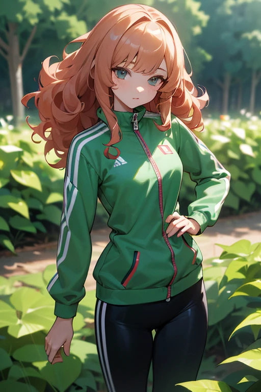 A slender beautiful girl, curly hair, tights, tight zip-up tracksuit, in a garden, drawn eyes, subtle details, 10th generation, athlete, anime style, (best quality,4k,8k,highres,masterpiece:1.2),ultra-HDR,UHD,studio lighting,ultra-fine painting,sharp extreme detail description,professional
