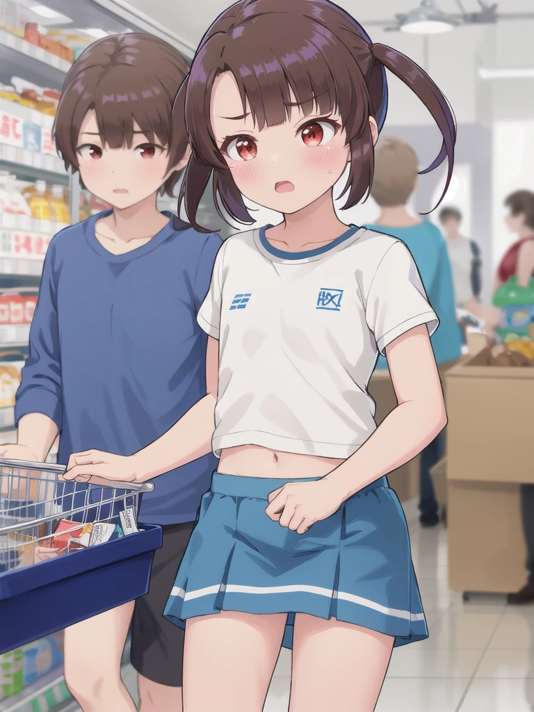 Highest quality,masterpiece,indoor,supermarket,Highest quality, (masterpiece:1.2), Very detailed, (masterpiece), (illustration), 1 Girl, Red eyes, Shine目,Long twin tails, brown hair, bangs, Shine, eyebrows visible through hair,((Plain white T-shirt)),((Plain blue skirt)), Flat Chest,shy, blush, Open your mouth,White sports bra, 1boy,hetero,vaginale,Sex