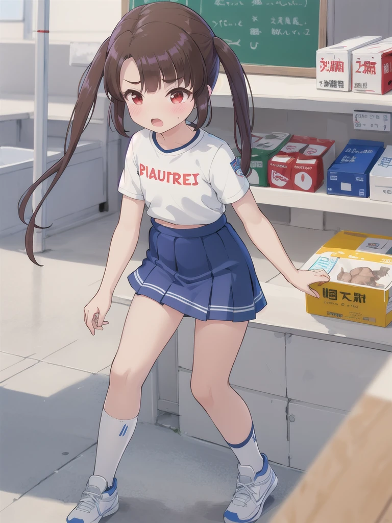 Highest quality,masterpiece,indoor,supermarket,Highest quality, (masterpiece:1.2), Very detailed, (masterpiece), (illustration), 1 Girl, Red eyes, Shine目,Long twin tails, brown hair, bangs, Shine, eyebrows visible through hair,((Plain white T-shirt)),((Plain blue skirt)), Flat Chest,shy, blush, Open your mouth,White sports bra, 1boy,hetero,vaginale,Sex