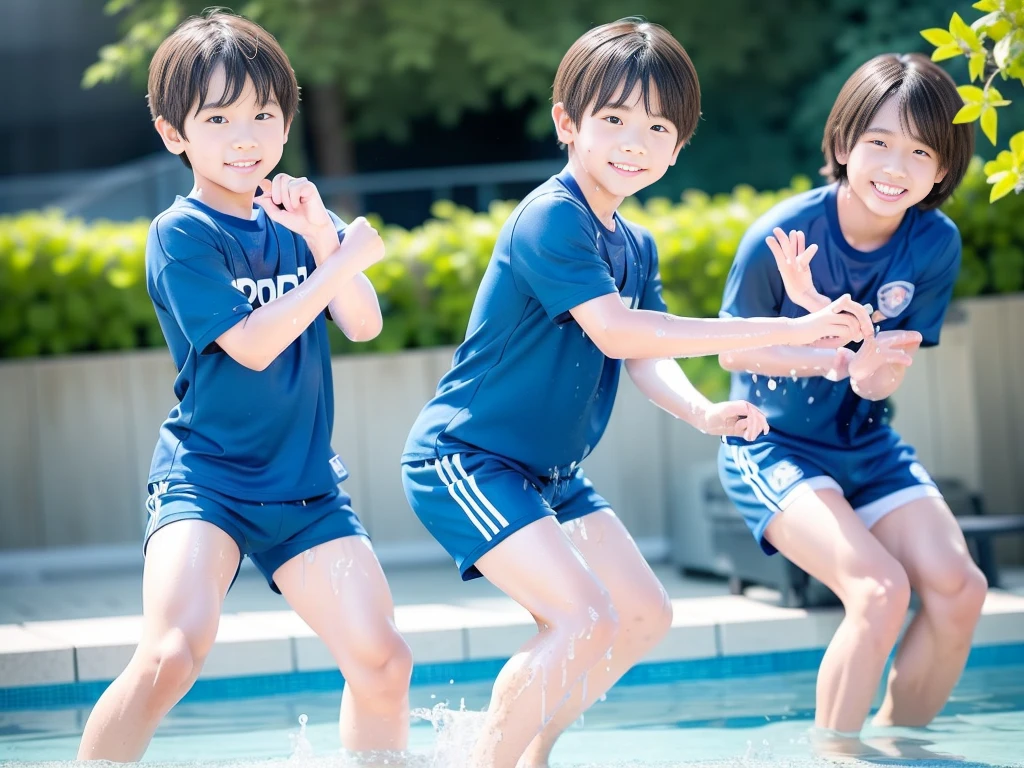 夏休みのprimary school校、Pool、primary school5Grade、Japan Boy、Glowing water splashes、A good boy dripping with water、hot day、Two Boys、Various poses、Short sleeve gym uniform、Blue shorts、physical education、barefoot,(Boy 1.4)、Boys only 、(10Age 1.4)