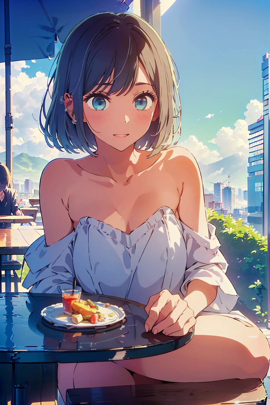 (Highest quality:1.4、masterpiece:1.4、Super detailed:1.4、Ultra-high resolution:1.4、8K:1.4)、Slim body、Big Breasts、((((1 person、Surprised expression、sit、Chair、In the background are the urban buildings of Tokyo、looking at the camera、Outdoor café terrace、juice、Get up close and take a photo、Shooting from an angle、table、Very cute face))))、((((nude、very beautiful areola))))、(Pose with hands tucked behind ears:1.4、Cheek resting on hand:1.4)、(((Take off your off-the-shoulder camisole)))、Very blue sky、A completely cloudless sky