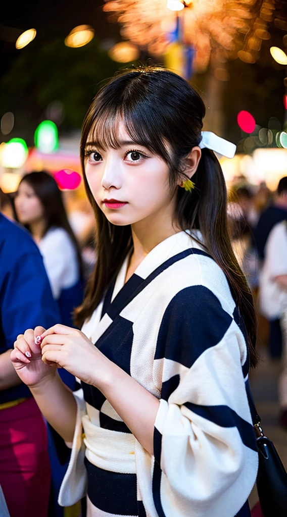 
Create an AI-generated image of a girl wearing a yukata at a fireworks festival. The girl should be alone and looking sad as she gazes up at the fireworks in the night sky. Her face should reflect melancholy, illuminated softly by the light of the fireworks. The background should include elements of a traditional Japanese festival, such as food stalls and lanterns, but the focus should be on the girl's expression and the contrast between the festive atmosphere and her sadness.
