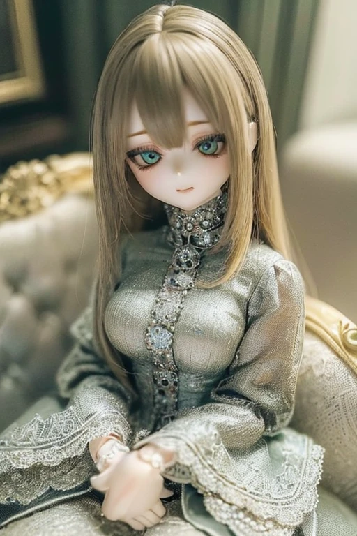 photorealistic, realistic photo, ((highest quality)), ((masterpiece)), (extremely detailed), kukolnydom, doll, (mature woman:1.7), solo, sitting on sofa, green eyes, (looking down, blank eyes, empty eyes, detailed eyes:1.3), light smile, dress, white panties, museum, 8k