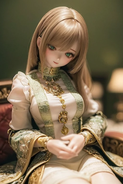 photorealistic, realistic photo, ((highest quality)), ((masterpiece)), (extremely detailed), kukolnydom, doll, (mature woman:1.7), solo, sitting on sofa, green eyes, (looking down, blank eyes, empty eyes, detailed eyes:1.3), light smile, dress, museum, 8k