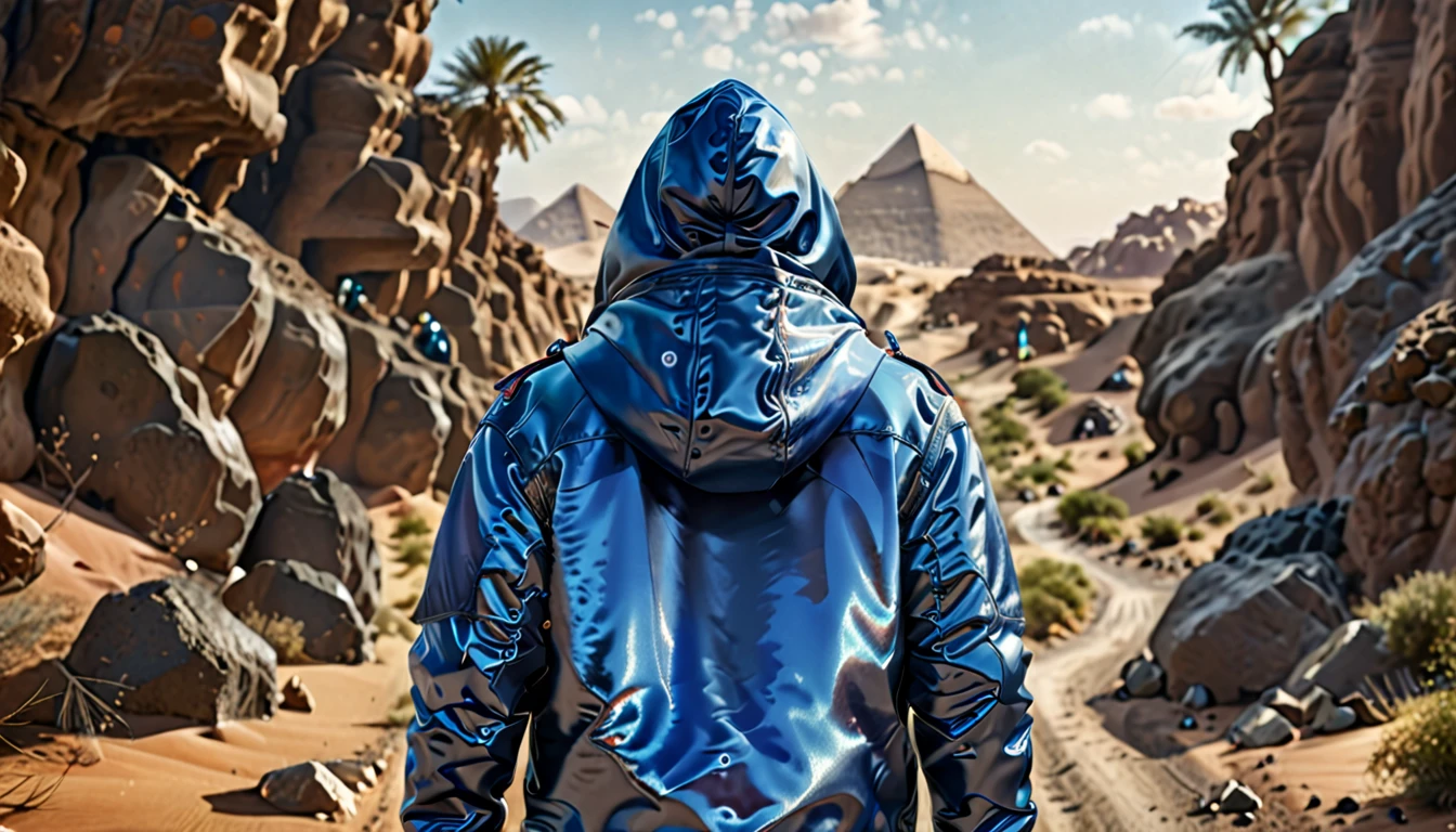 Back view of a middle-aged man standing alone on a wilderness road, wearing a blue hooded jacket, centered, scale fit, rule of thirds, (shiny Egyptian ornaments), high resolution, sharp focus, (ultra detailed, highly detailed), (photorealistic artwork: 1.37), (highly detailed CG Unity 8k wallpaper), (((vibrant colors, vibrant theme))), (exquisite), (masterpiece), (best quality), art photography, (photo by sldr), (exquisite background), perfectly rendered face, perfect facial details, realistic face, photorealistic, ((exquisite details)), (((realism))),
