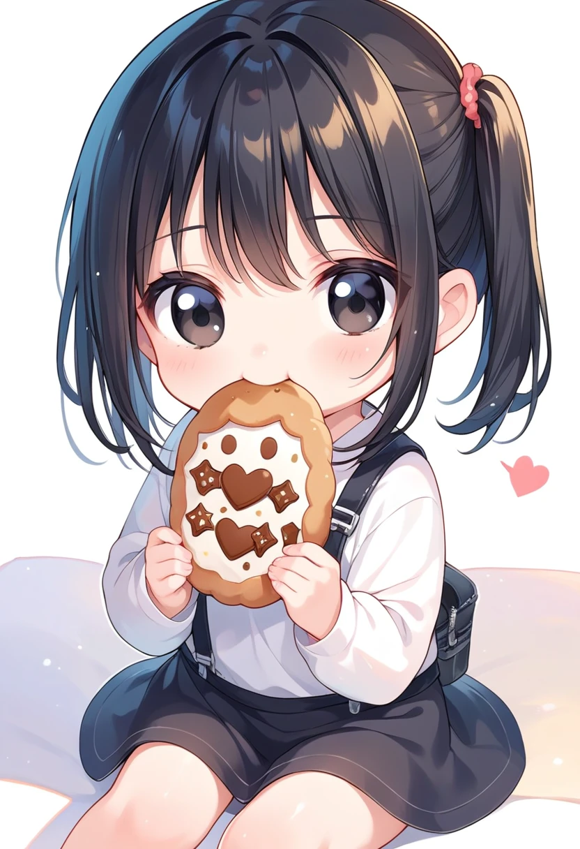 score_9, score_8_up, score_7_up, source_anime, (chibi), eating cookie, spoken heart, sitting, black hair, black eyes, black attire, room background, simple background