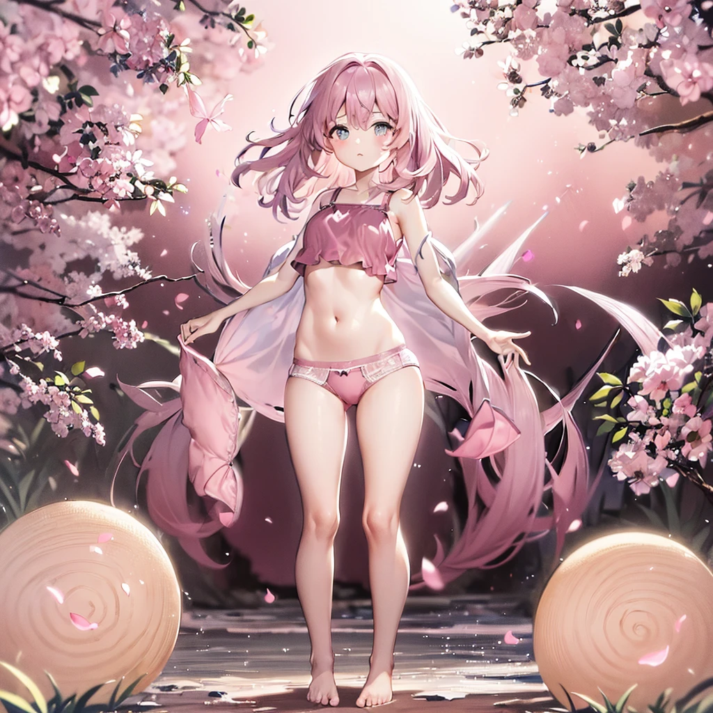 ((((((Pink underwear)))))),Frills,Belly button exposed,Cute li,Tiny Lori,Small girildish face, Very fine clean face,Top quality, Big eyes,Straight Hair,Yellow hair,Crimson Eye,(Dark Room), Subtle light, Natural light,Soft lighting,Light from directly behind, (Are standing), Cute pose, Open your hands, Showing the whole body,Front view,Black background