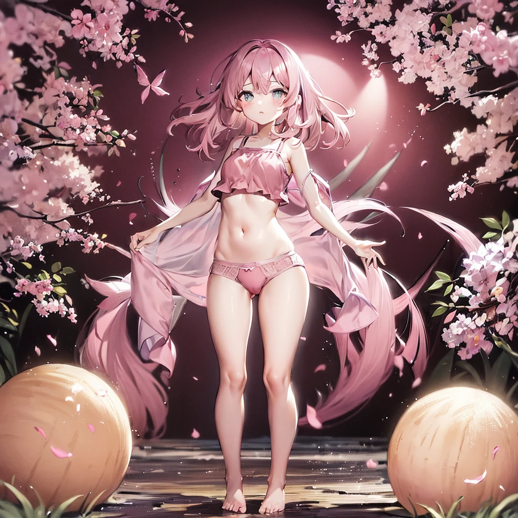 ((((((Pink underwear)))))),Frills,Belly button exposed,Cute little ,Tiny Lori,Small girl,,Childish face, Very fine clean face,Top quality, Big eyes,Straight Hair,Yellow hair,Crimson Eye,(Dark Room), Subtle light, Natural light,Soft lighting,Light from directly behind, (Are standing), Cute pose, Open your hands, Showing the whole body,Front view,Black background