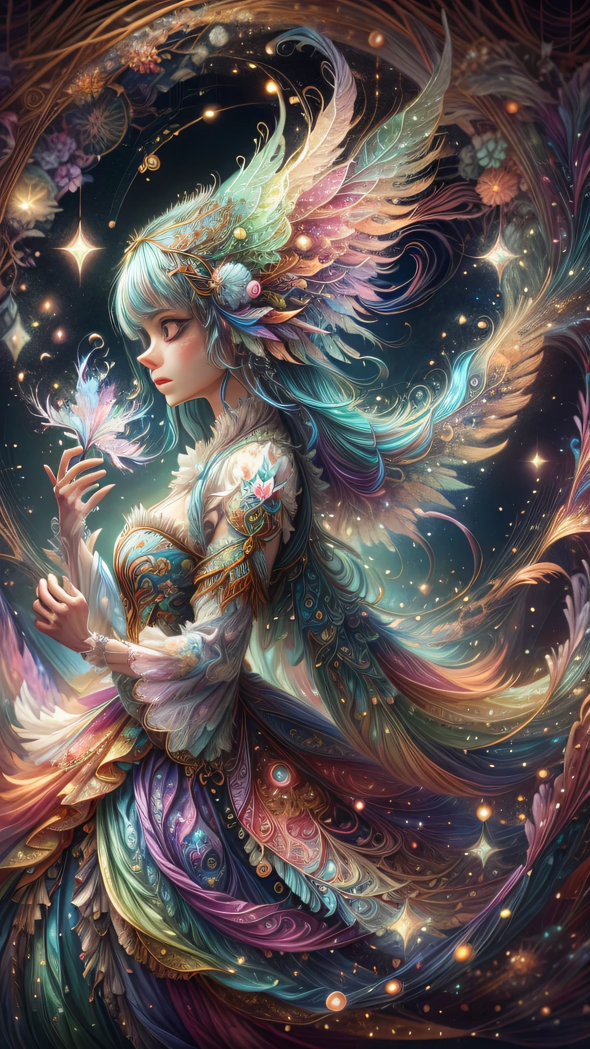 A captivating anime girl gracefully emerges from the pages of a watercolor painting, her vibrant and intricate colors breathing life into the artwork. She wears extraordinary fantasy costumes,Decorated with exquisite details, reflecting the enchanting world she inhabits. Luminescent elements, like glowing crystals and ethereal wisps, surround her, casting a soft, otherworldly glow. The watercolor style imbues the image with a sense of fluidity and delicacy, as if the colors are effortlessly blending and bleeding into one another. Camera shot: Medium Shot, Camera lens: softfocus, Lighting: luminescent glow, watercolor brushstrokes,