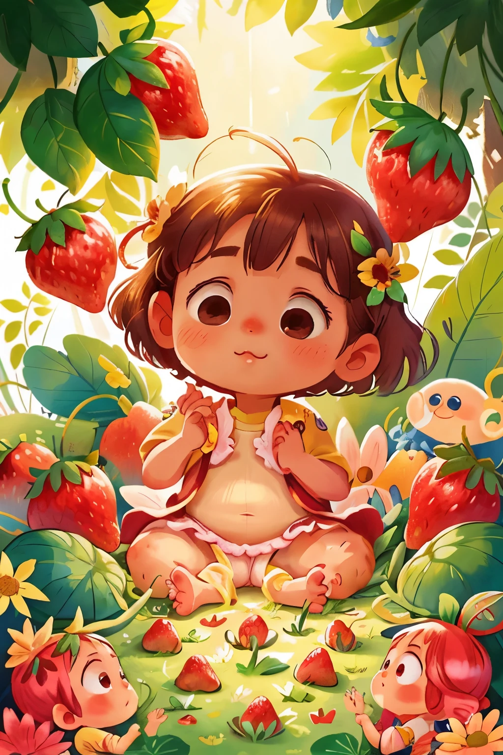 A strikingly lifelike 3D rendering presents a serene scene of a blooming strawberry garden tended by a radiant, cherubic baby. The 's features, bathed in soft, warm sunlight, are smooth and delicate, exuding an irresistible innocence. The strawberry plants, rich and vibrant, surround the baby in a riot of red, their plump, juicy fruits beckoning within easy reach of the tiny, curious hand. The interplay of light and shadow enhances the realism of this peaceful, idyllic tableau, making it a captivating sight to behold.