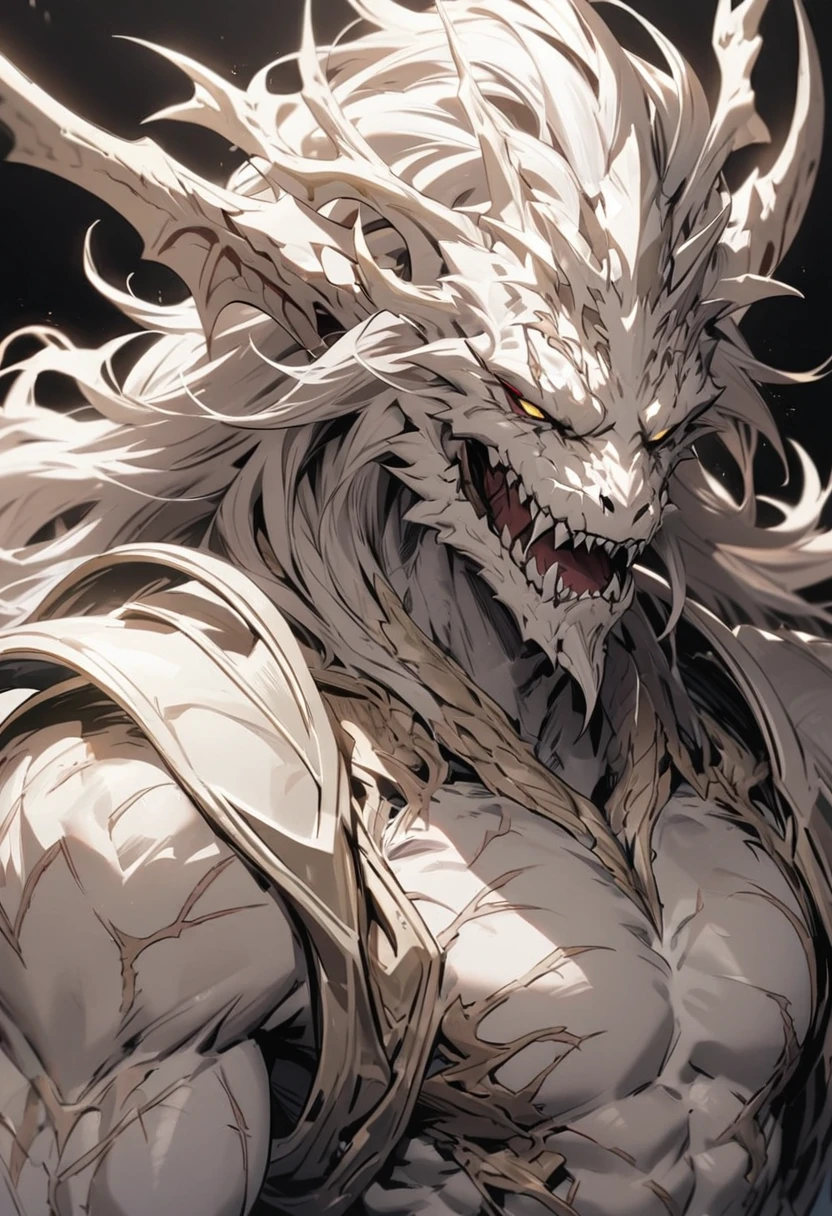 Human form of a dragon with long silver hair has scars on his face and has a good jaw line