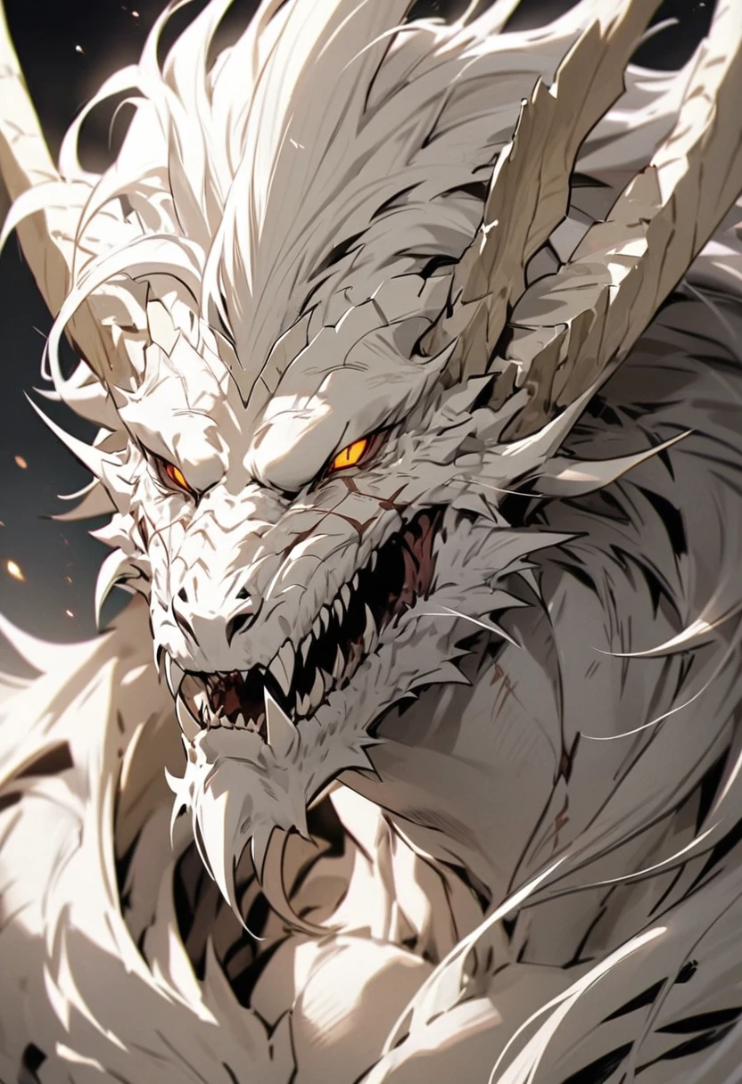 Human form of a dragon with long silver hair has scars on his face and has a good jaw line 