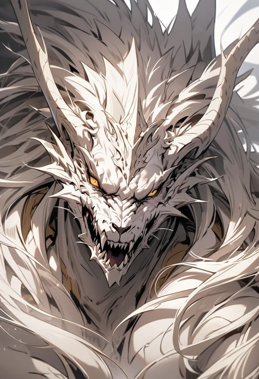 Human form of a dragon with long silver hair has scars on his face and has a good jaw line