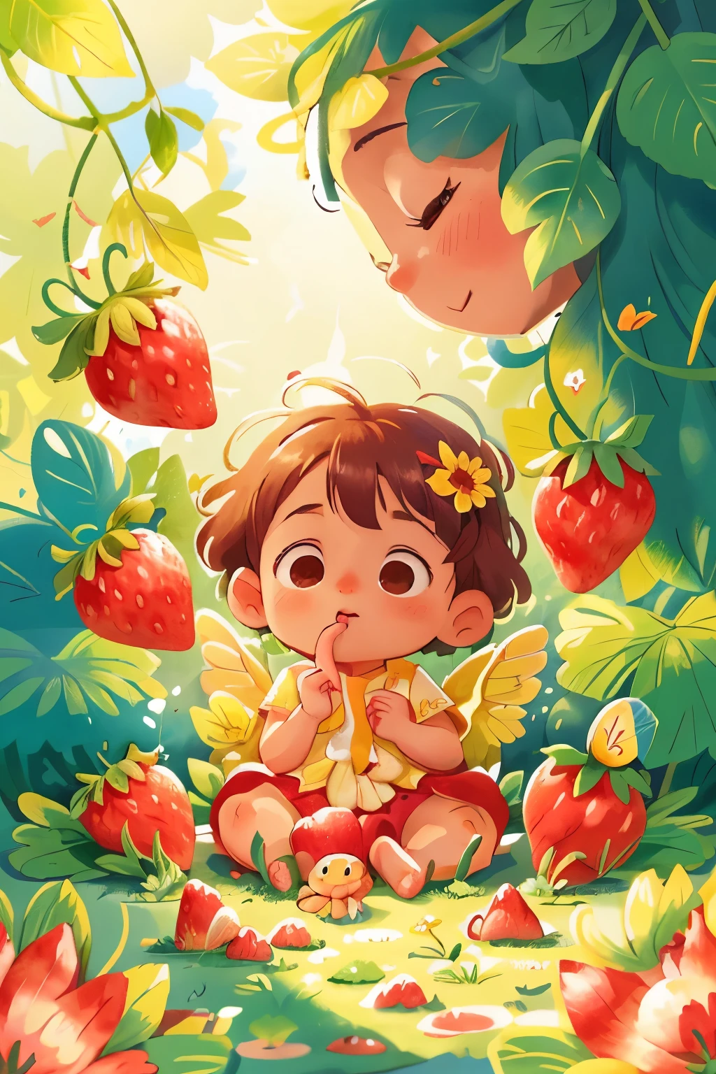 A strikingly lifelike 3D rendering presents a serene scene of a blooming strawberry garden tended by a radiant, cherubic baby. The infant's features, bathed in soft, warm sunlight, are smooth and delicate, exuding an irresistible innocence. The strawberry plants, rich and vibrant, surround the baby in a riot of red, their plump, juicy fruits beckoning within easy reach of the tiny, curious hand. The interplay of light and shadow enhances the realism of this peaceful, idyllic tableau, making it a captivating sight to behold.