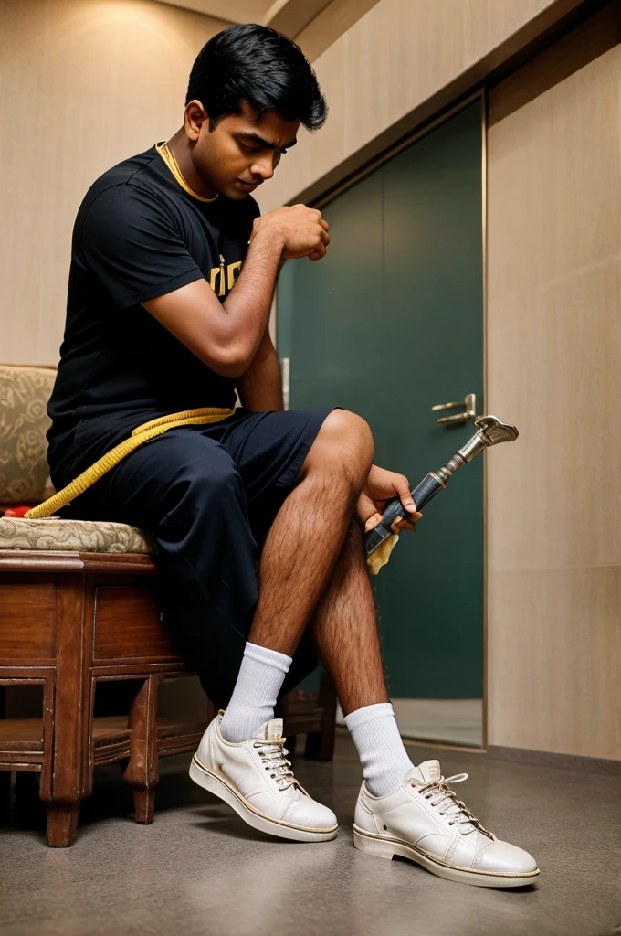 An indian boy cleaning shoes of mukesh ambani