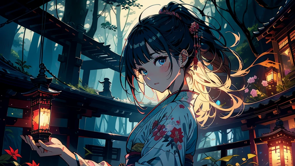 Highest quality、Detailed drawing、Fantasy、日本のnight、Deep in the forest、night、Firefly Light、Girl in kimono