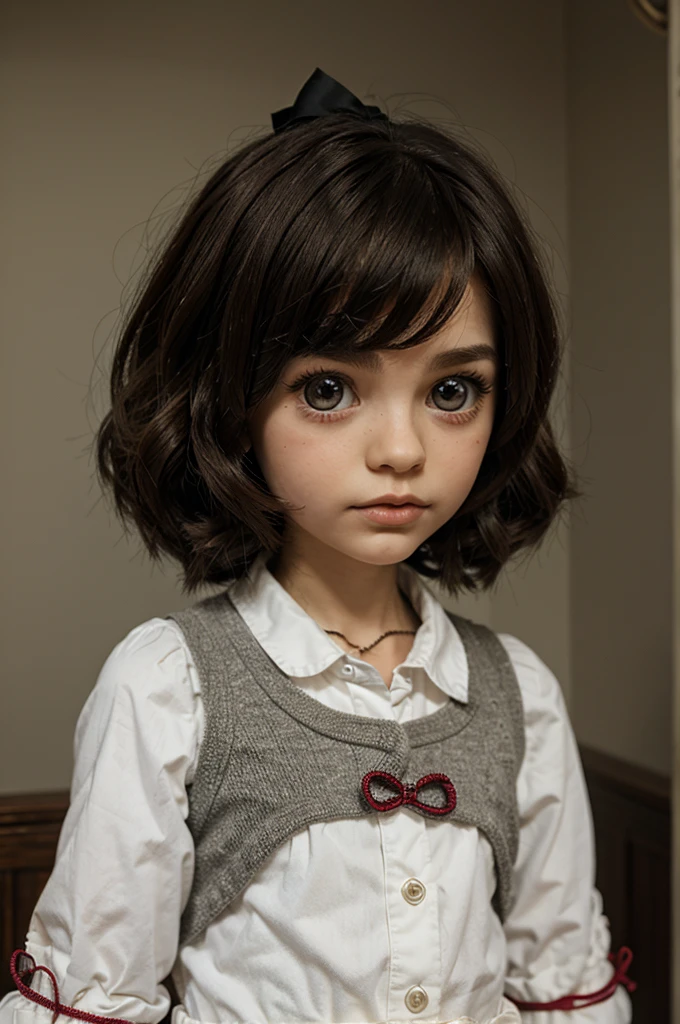 A neutral-faced with bright brown eyes and dark hair. She is dressed in a colorful and patterned dress, complemented by a shiny bow in her hair. The image depicts her against a dark and eerie background, reminiscent of a haunting atmosphere. The shadowy surroundings add a touch of terror, creating a chilling contrast with her innocent expression. --auto --s2