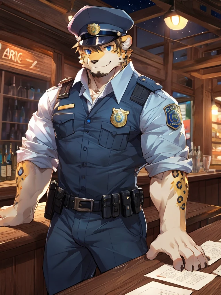 embedding:Leopard,Pale blue eyes,Single Person,Male.Solo,Chief of police,Wearing a police uniform,Wearing a police cap,At the bar,Night,Stubble,Mature and stable,muscle,smile,Maturity,Best quality hands, best quality eye,detailed fur,Delicate eyes.Extreme picture quality,by sollyz,by zixiong,by milkytiger1145