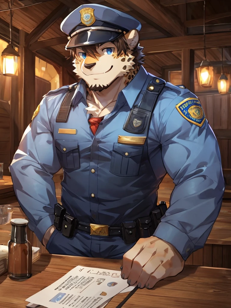 embedding:Leopard,Pale blue eyes,Single Person,Male.Solo,Chief of police,Wearing a police uniform,Wearing a police cap,At the bar,Night,Stubble,Mature and stable,muscle,smile,Maturity,Best quality hands, best quality eye,detailed fur,Delicate eyes.Extreme picture quality,by sollyz,by zixiong,by milkytiger1145
