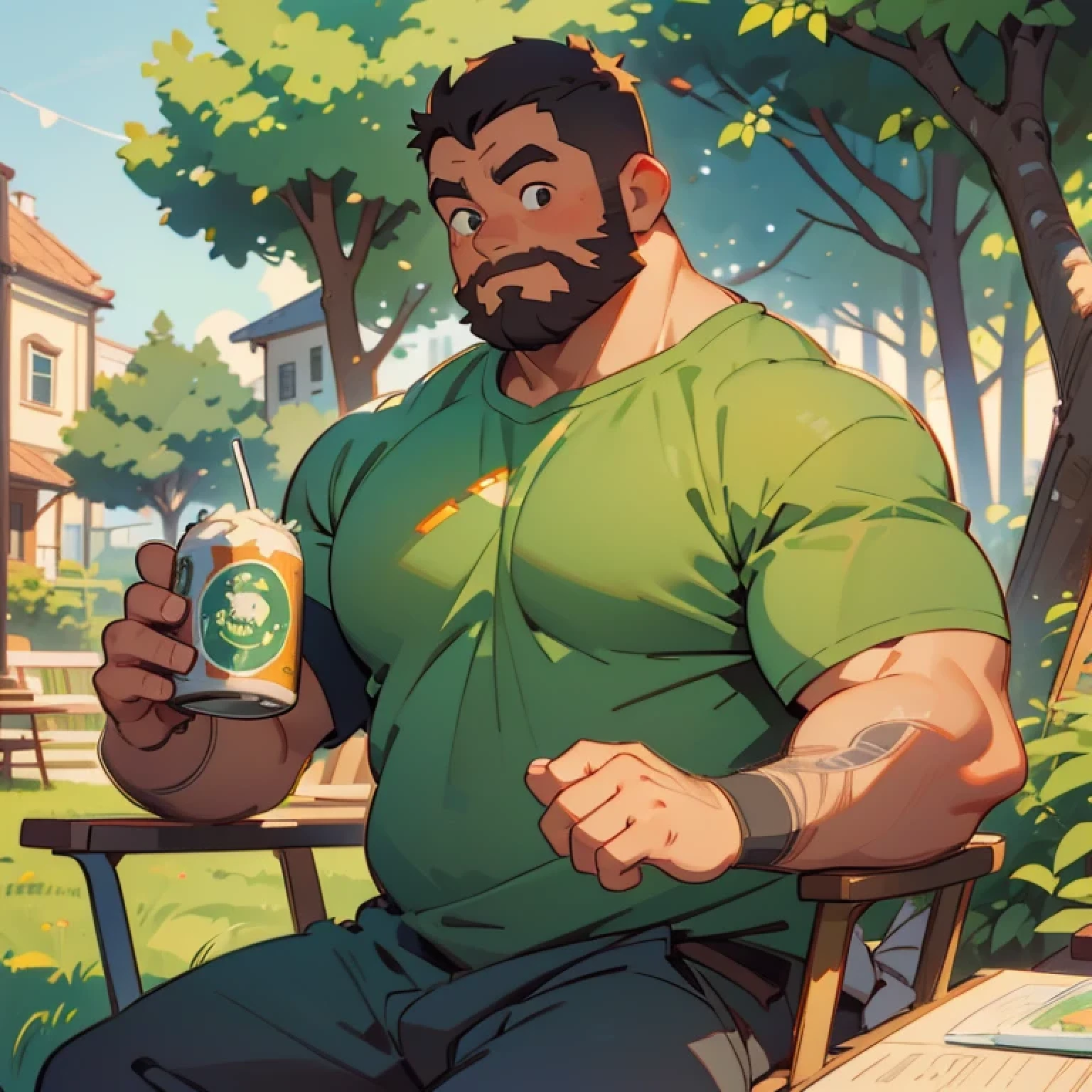 A thick man is 45yo, 1man, bulky, nerdy, Drinking a canned beer at the camping chair,  Wearing a green round neck t-shirt, small eyes, (look away : 1.2), Round face, short beard, crew cut hair, happy expression,  campsite, masterpiece, diagonal view, knee shot,(line drawing:1.2),