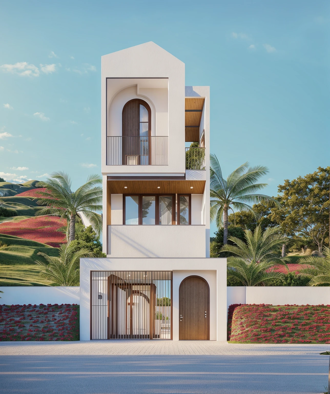 PLATEFORME KTHOUSE, Beaucoup de belles fleurs rouges le long de la route:1.3, romantique, 1 maison de style néoclassique, La maison de ville est faite de murs blancs, belle lumière, journée de beauté, ensoleillé, Beaucoup de bougainvilliers rouges le long de la route:1.3, belle sensation de jeunesse :1.2, soleil à midi, Très belles ombres,
