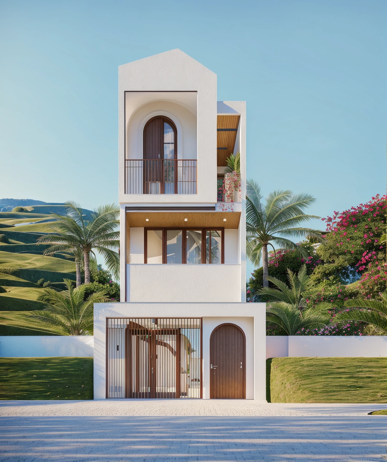 PLATEFORME KTHOUSE, Beaucoup de belles fleurs rouges le long de la route:1.3, romantique, 1 maison de style néoclassique, La maison de ville est faite de murs blancs, belle lumière, journée de beauté, ensoleillé, Beaucoup de bougainvilliers rouges le long de la route:1.3, belle sensation de jeunesse :1.2, soleil à midi, Très belles ombres,