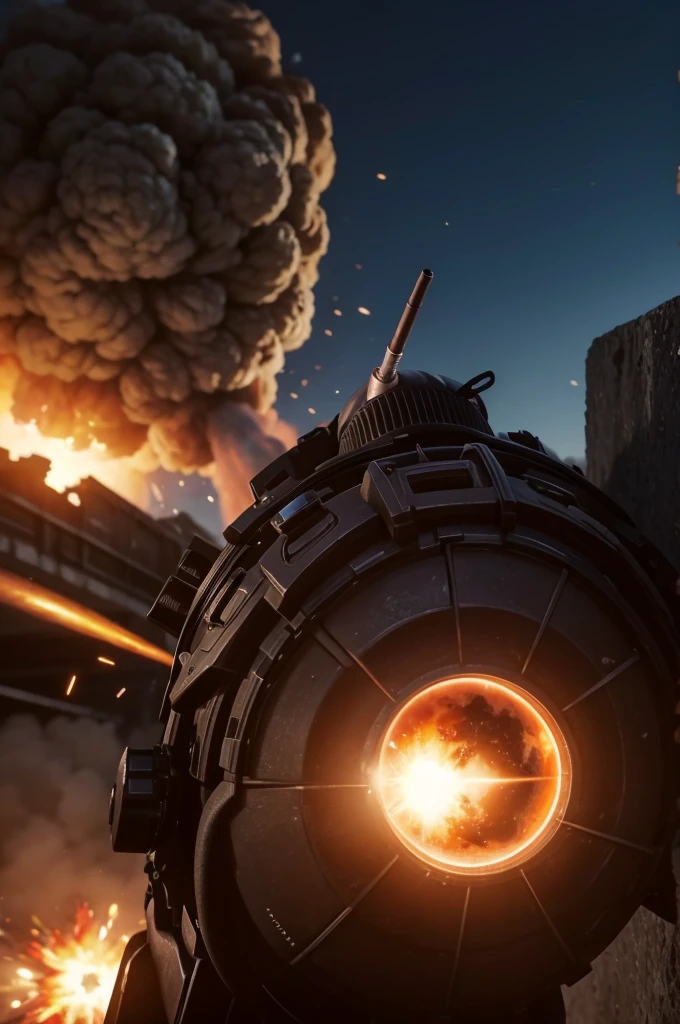 A player shooting an enemy with an explosion in the background. a perfect headshot, with the bullet going through the enemy&#39;s head. Use vibrant and contrasting colors, like red, yellow and black, to get attention.