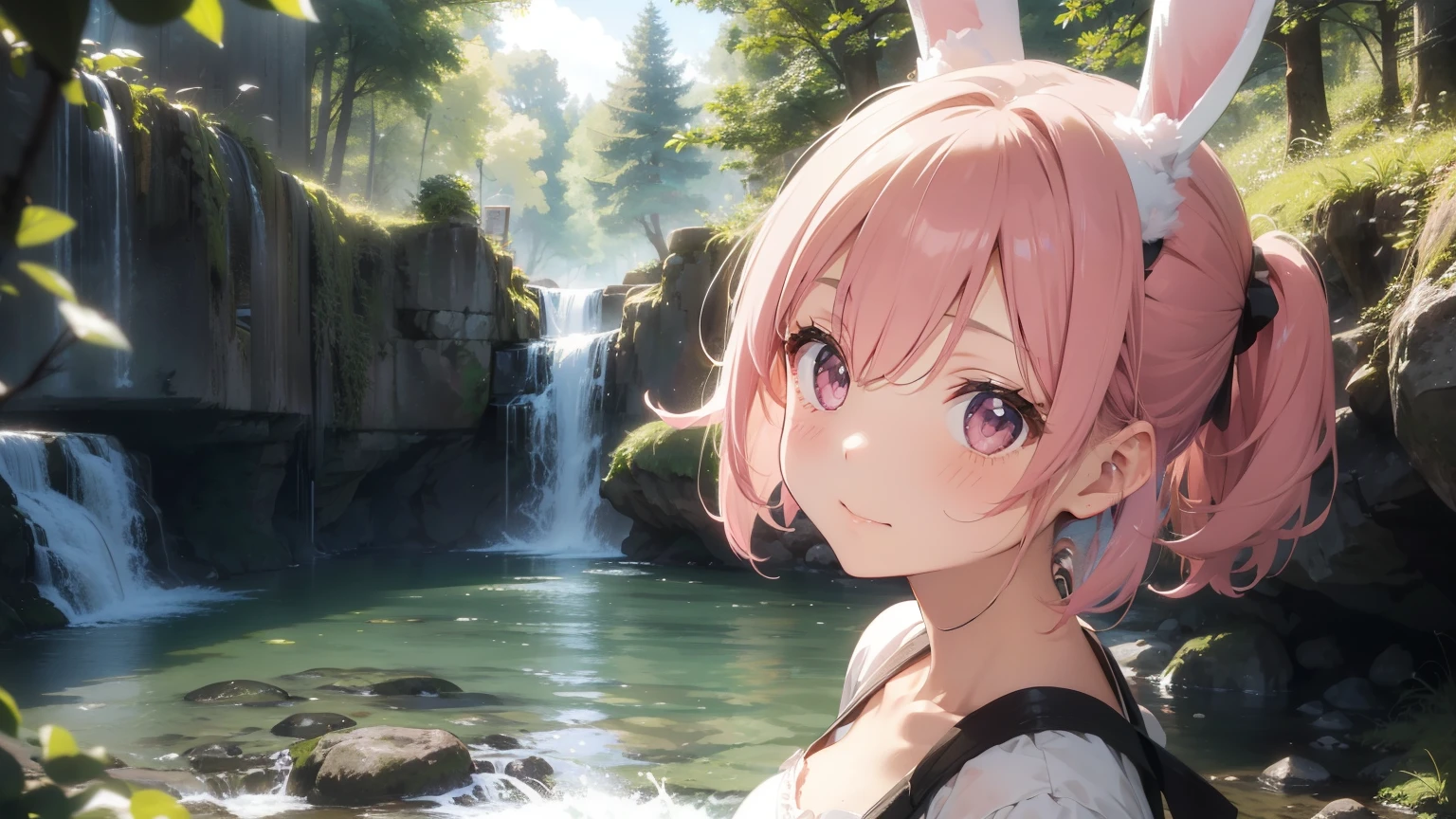 High Definition Cute Girl, Fluffy bunny ears, ２５age,Pink short bob,Pale pink eyes,The season of fresh greenery、Waterfall flowing in the forest、clear々A place where the sound of clear water echoes