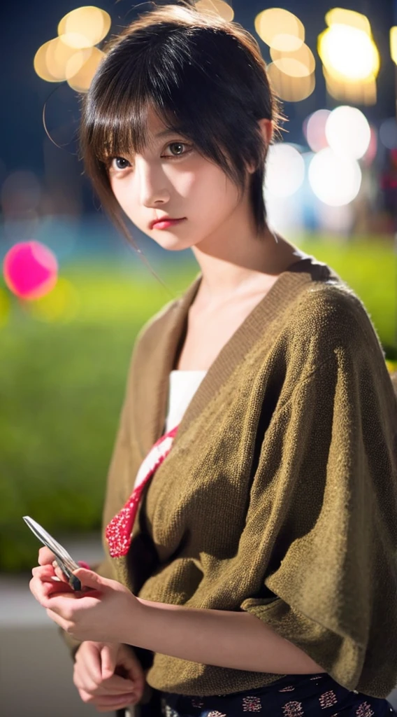 
Create an AI-generated image of a girl wearing a yukata at a fireworks festival. The girl should be alone and looking sad as she gazes up at the fireworks in the night sky. Her face should reflect melancholy, illuminated softly by the light of the fireworks. The background should include elements of a traditional Japanese festival, such as food stalls and lanterns, but the focus should be on the girl's expression and the contrast between the festive atmosphere and her sadness.
