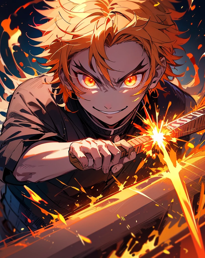 Rengoku Kyoujurou, 1 men, leaning towards viewer, front viewer, battle stance, flames, Tuuli, shine light, beautiful lighting, smiling, determinate expression , holding a fire sword, tattoo illustration