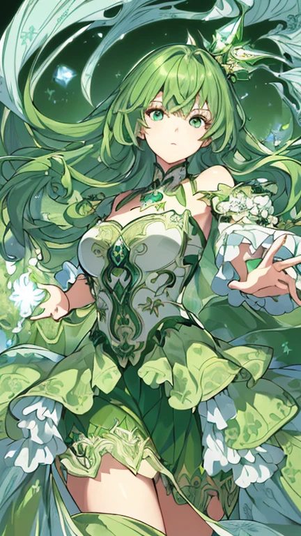(((Masterpiece))),(((best qualtiy))),((Ultra-detailed)),(illustration),((anextremelydelicateandbeautiful)),dynamic angle,Floating,(beatiful detailed eyes),(detailedlight) (1girll),(adolable) Solo, Floating_Hair,glowing light eyes,Green hair,green-eyed, double tails, halterdress, atdan, Green background,