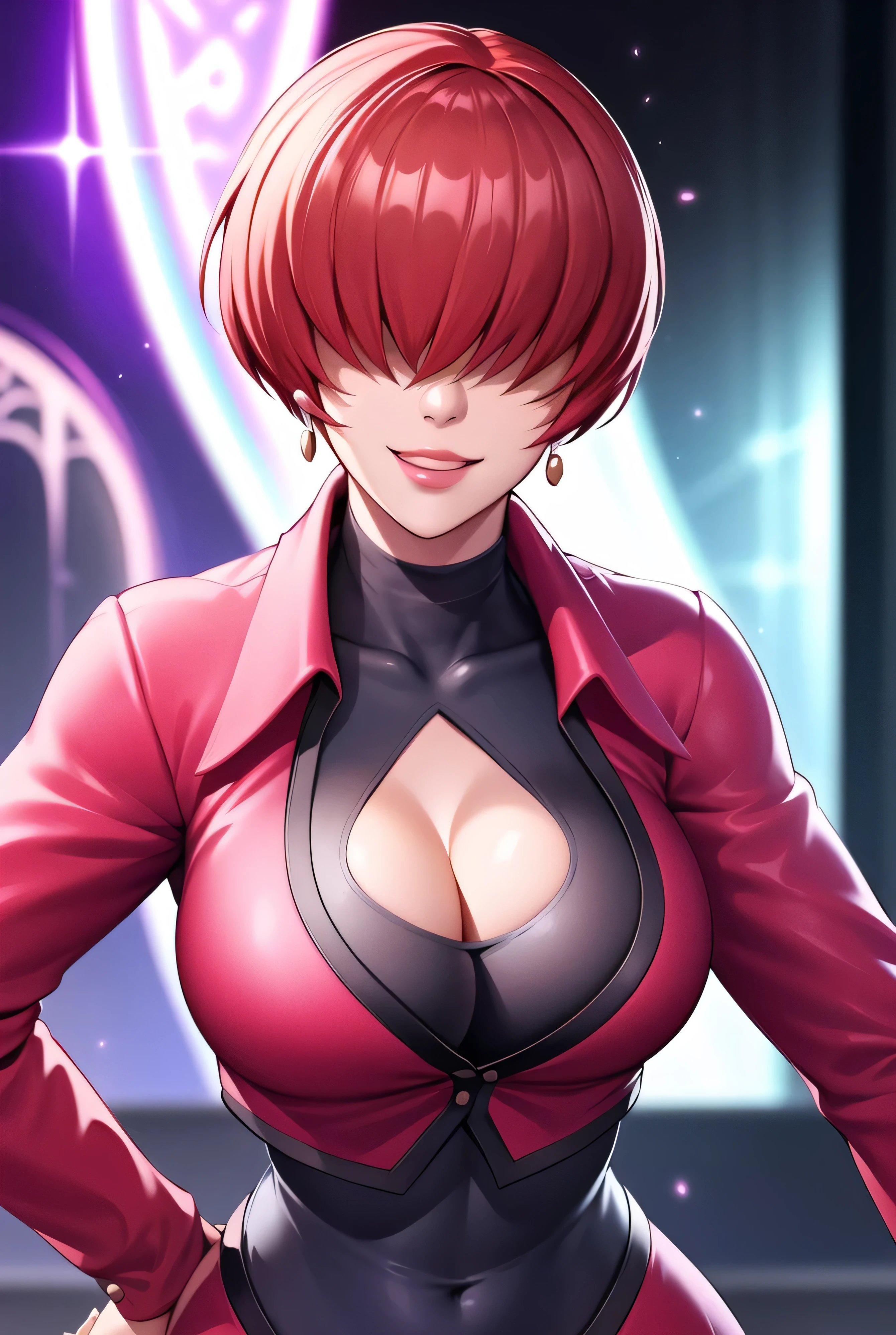 ,
Red outfit,Red jacket,choker, cleavage cutout, clothing cutout, 
earrings,
Red hair,bangs,((hair over eyes)),
1 girl, 20yo,Young female,Beautiful Finger,Beautiful long legs,Beautiful body,Beautiful Nose,Beautiful character design, evil face,
looking down at viewer,(Focus on her face),too evil_Smile,
official art,extremely detailed CG unity 8k wallpaper, perfect lighting,Colorful, Bright_Front_face_Lighting,shiny skin,
(masterpiece:1.0),(best_quality:1.0), ultra high res,4K,ultra-detailed,
photography, 8K, HDR, highres, absurdres:1.2, Kodak portra 400, film grain, , bokeh:1.2, lens flare, (vibrant_color:1.2),professional photograph,
(Beautiful,large_Breasts:1.4), (beautiful_face:1.5),(narrow_waist),conceit,smile worst,worst ridecule,evil moukery,hand on hip,upper body,two hand,raiging a lightning 