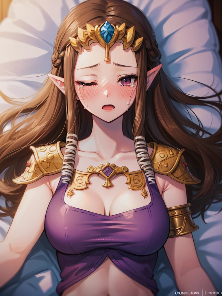 ((Show your armpits)),((((Exposed breasts)))),((overhead shot)),((bo)),((((upper body)))),((Crying)),,((alone))Anime art style,masterpiece,(Highest quality), (Super detailed),(Very delicate and beautiful),(alone),(Detailed face ),(((Close one eye))),(((((Mature Woman,Queen))))),((Very beautiful portrait)),((crinoline)),,((Long Straight Hair),((Close your eyes)),((open mouth)),(((Purple blouse))),((Embarrassed expression)),((Dark brown hair)),Blushing,Princess Zelda, ((highest quality)), (Very detailed), ,(((Constraints))),beauty,Beautiful,Princess Zelda, twpr,)),
((in bed))nintendo, the legend of zelda