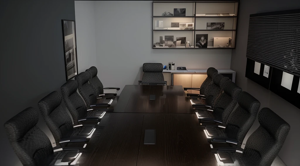 render 8k, high realism, Cinema 4k, 3d, High definition, meeting room, neutral lighting, with warm color LED on the TV Panel, white walls. (CRU photo, Real, best qualityer, work of art:1.2), (hyper Realistic, photo-Realistic:1.2), high qualiy, (dark lighting:1.2), twilight, perfect lighting, Trending on ArchDaily.