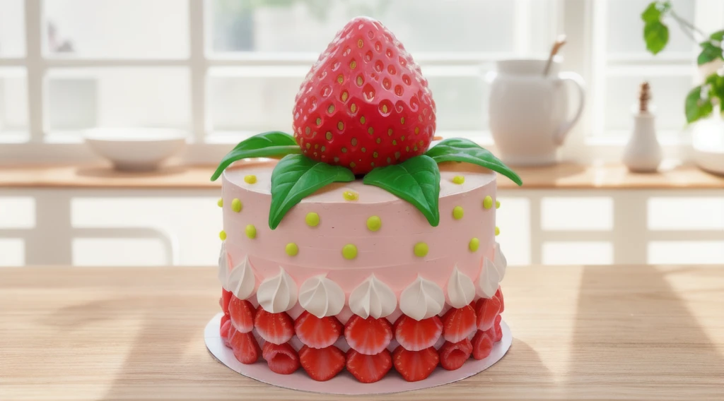 in the kitchen, on a wooden table, on a porcelain plate, a tiny pink cream cake, the bottom is decorated with cream petals, on top of the cake is a polymer clay candy in the form of a strawberry with leaves, the cake is decorated with tiny yellow dragee candies, bright lights, soft light, window light, professional lighting, light from the window, neat light, realistic texture, realistic style, detailed texture, high quality, high resolution, high quality rendering, realistic photo, brightning light, macro photo, 4k ultra HD