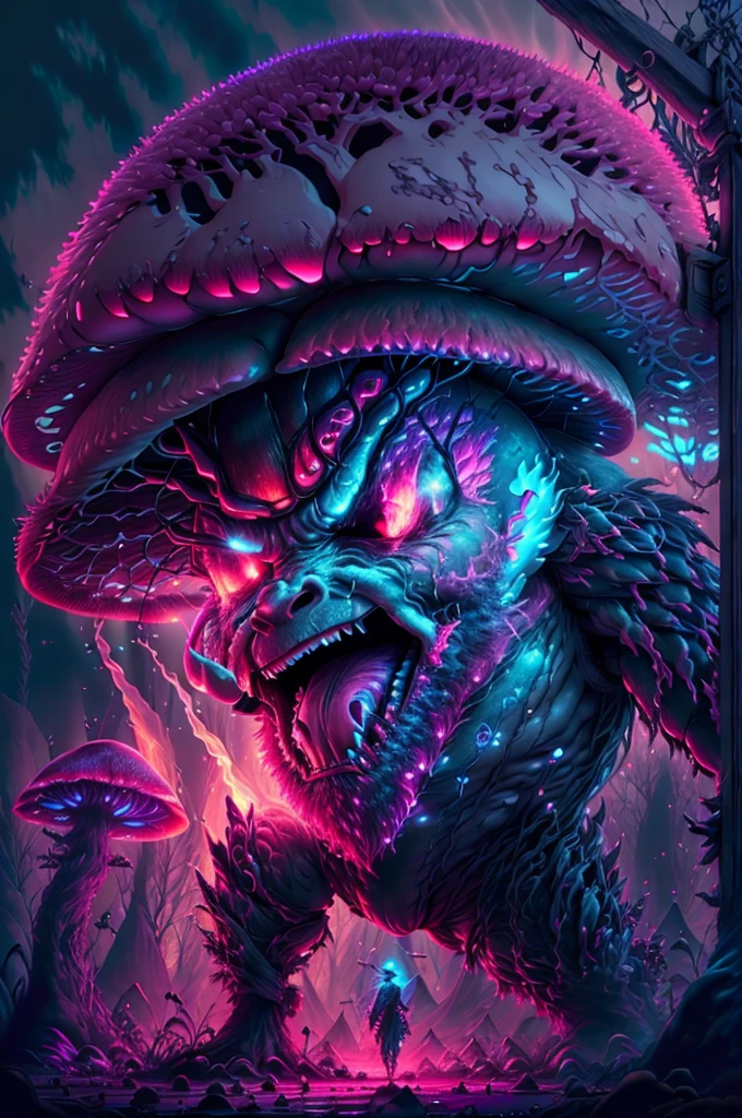 fantasy00d, , glowing light ,  neon lighting , glowing mushrooms , vibrant colors , a giant warrior is angry