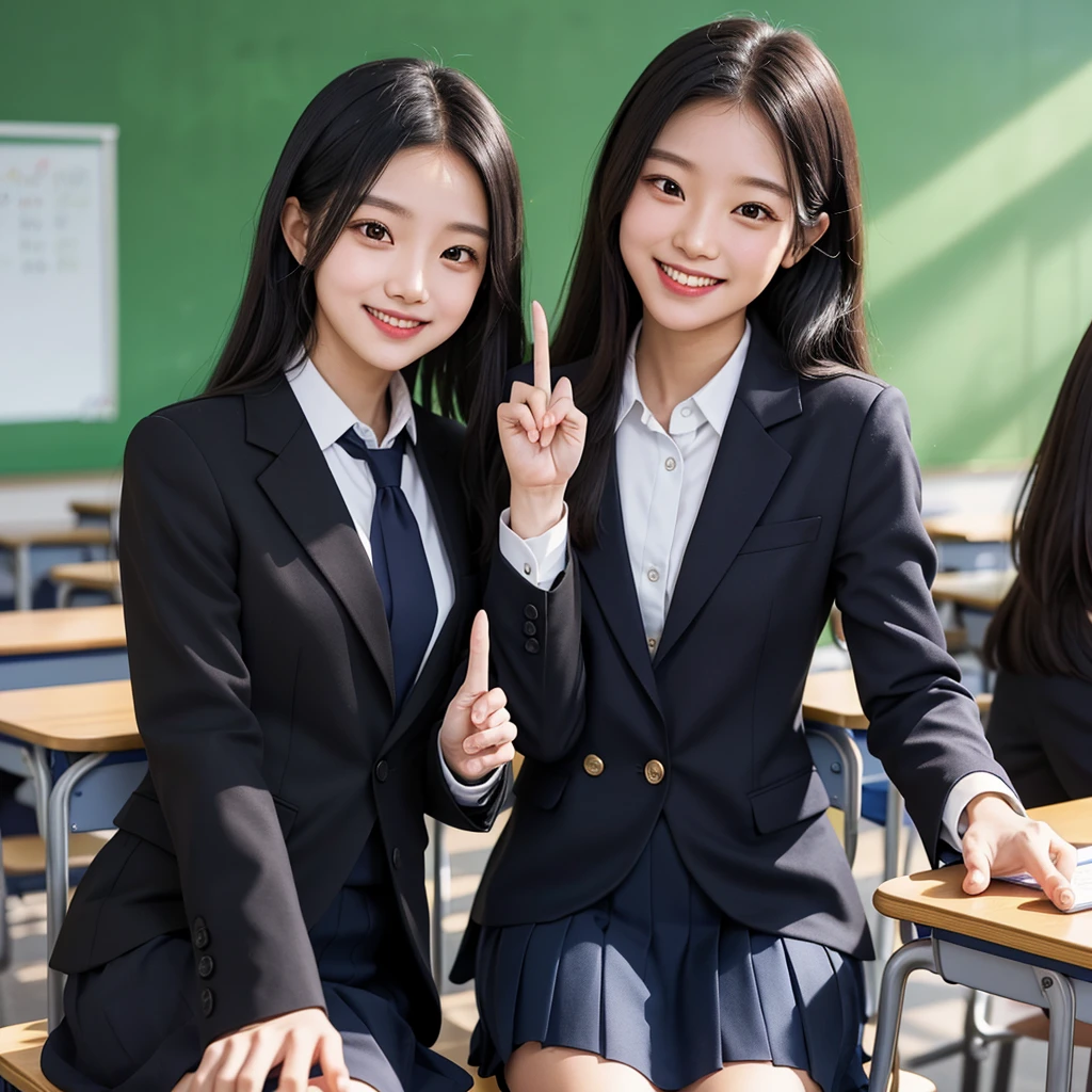 A confident smile, Reading during break time in the classroom,They seem to enjoy themselves,短いBlack Hair, Brown eyes,Brown Skin,2 students、Use a gesture commonly associated with the peace sign while speaking (From the classroom), skirt, Black Hair, indoor, Blue Blazer Uniform, ((((Complete faithful finger))))