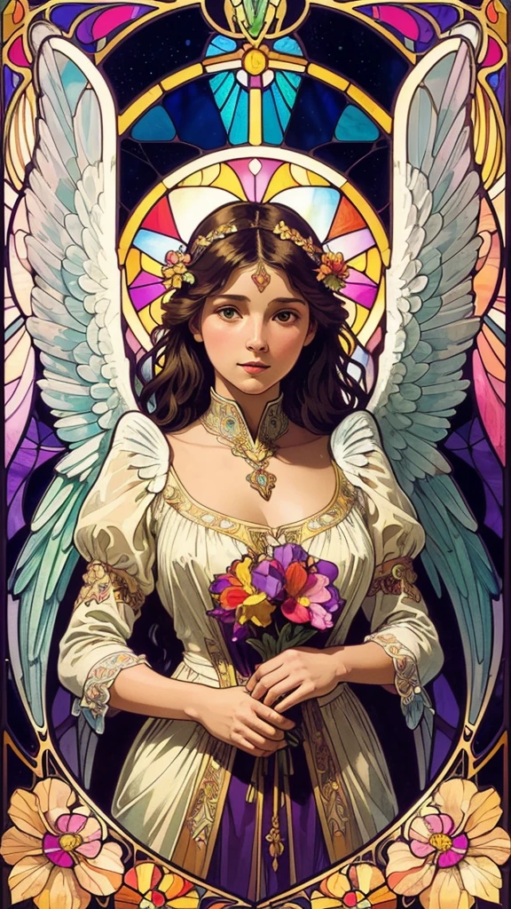 (Highest quality:1.2,Vector art:1.1,Vibrant colors,Stained glass,Beautiful vintage angel woman,A look of determination,(Wide open angel wings:1.1),Facing the Observer,Alphonse Mucha style,Complex floral background,Vibrant colors,Warm Tones,Soft lighting)