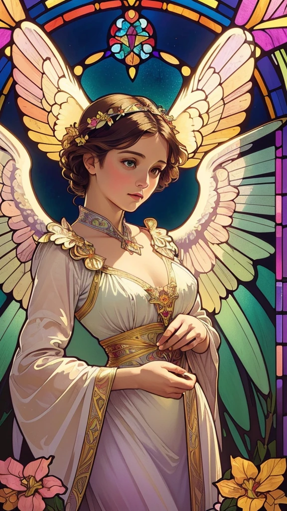 (best quality:1.2,vetorial art:1.1,vivid colors,beautiful vintage angel warrior woman with big open wings:1.1),determined face expression,corpo de frente para o observador, empunhando uma espada, alphonse mucha style,Intricate flowery background,vivid colors,warm tone,soft lighting)