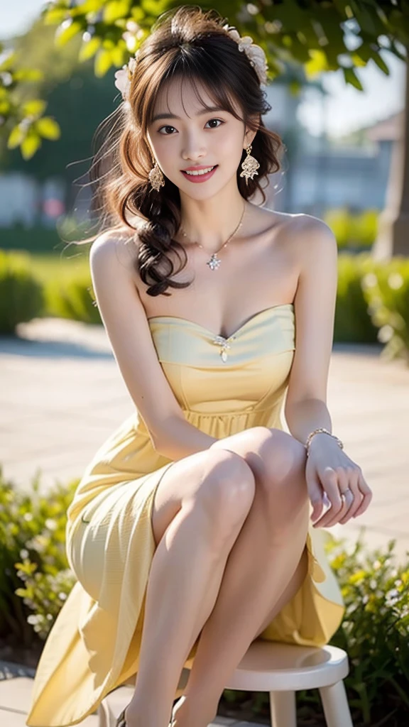 woman sitting on a bench in a yellow and blue dress, cleavage, about 30 years old, lovely woman, gorgeous lady, sexy look at the camera, attractive girl, mid shot portrait, gorgeous woman, russian girlfriend, busty, beautiful pretty young