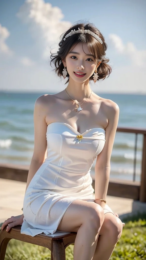 ((knee shot))), ((Front Shooting)), ((actual)), 1个Giant Breast Girl, Posing for photos, Outdoor activities, Seafront, mostly cloudy sky, Sit Pose, sitting on a stool, pretty legs,looking at viewert, detailed scene, curlies, Air bangs, beautiful hair ornaments, Brownish-yellow hair, ((Sweet girl clothes4,strapless dress,jewelry,)), warmly lit, Warm color palette, detailed detail, ultra - detailed, (tmasterpiece, Best quality), (An extremely delicate and beautiful work), elaborate earrings, delicatenecklace, simple blurr background, Extremely detailed description, Ultra-fine painting, s delicate face, slim toned body, (ssmile, teeth showing), (Anatomical correct)